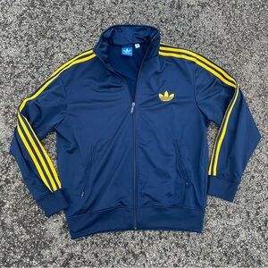 Adidas Track Jacket Mens Large Full Zip Blue Gold Zipper Pockets 3 Stripe